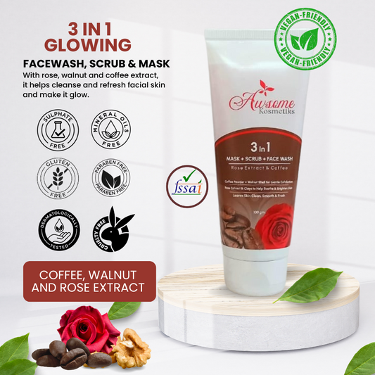 Coffee, Walnut  & Rose 3-in-1 Facewash, Scrub & Mask